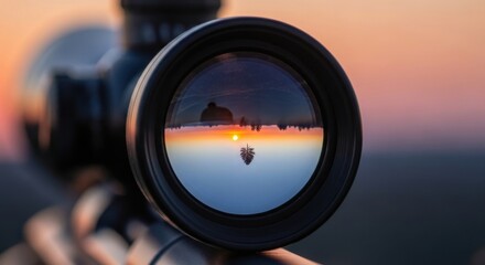 Vivid sunset captured through a rifle scope: a contrast of beauty and precision