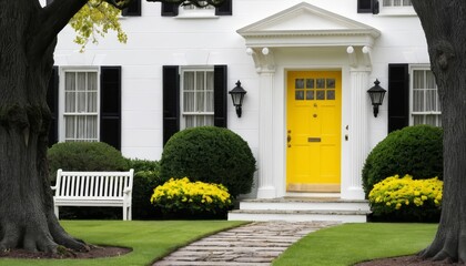 Obraz premium Charming white house with a pop of color—bright yellow front door, manicured lawn, welcoming entry.