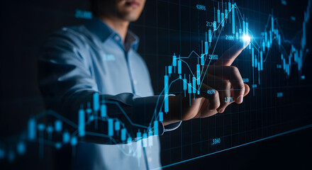 Person interacting with holographic data representing financial trends and technological advancements, symbolizing innovation and future concepts.