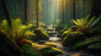 Sunlit Forest Stream Surrounded by Lush Ferns and Moss-Covered Rocks
