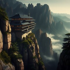 Ancient Mountain Temple Perched on Cliff with Misty Valley View
