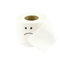 A roll of toilet paper with a sad face printed on it, featuring a single sheet slightly pulled away.