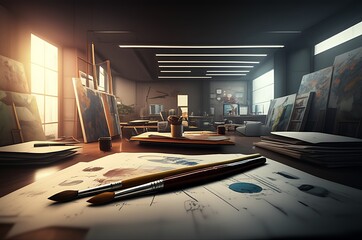 Artistic Studio with Sketches, Brushes, and Creative Workspace Ambience
