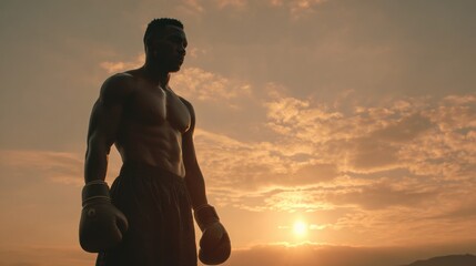 A man stands in the middle of a field with the sun setting behind him. He is wearing boxing gloves and he is in a contemplative mood