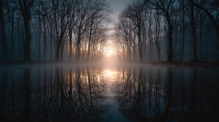 A forest with a lake in the middle. The lake is reflecting the trees and the sky. The sky is orange and the trees are dark