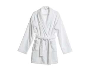 A cozy white bathrobe featuring a belt and pockets, designed for comfort and relaxation.