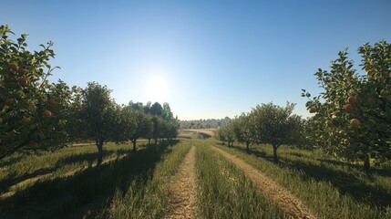 Naklejka premium 9.Sunlit apple farm with rows of trees bearing abundant fruit, bright blue sky above, crisp autumn air setting the stage for a bountiful harvest