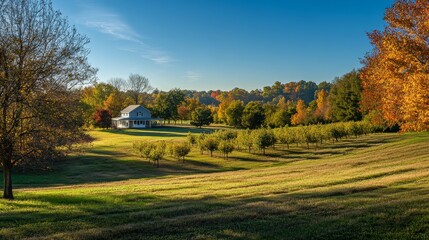 9.Sunlit apple farm with rows of trees bearing abundant fruit, bright blue sky above, crisp autumn air setting the stage for a bountiful harvest