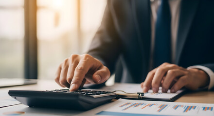 Fototapeta premium Close-up view of a person's hands using a calculator, working on financial calculations and business reports, emphasizing work, finance and data analysis.