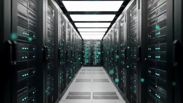 Data Fortress: A futuristic corridor showcases a meticulously aligned server room, representing the core of modern digital infrastructure and the ceaseless flow of information.