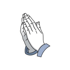 Illustrated hands pressed together in a prayer gesture with blue shirt cuffs. PNG Transparent