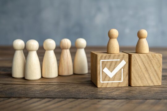 Wooden figures representing people in a line and two on podiums