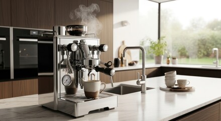 Elegant espresso machine creating aromatic coffee in a modern kitchen setting