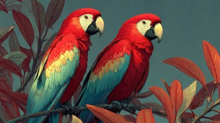 Obraz premium Bright parrots chattering and hopping between jungle tree branches