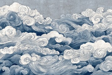 Abstract swirling waves and clouds.  Muted blues and grays