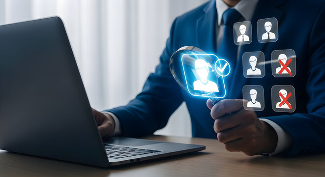 Businesspeople collaborating on a digital interface, showcasing teamwork, and the integration of technology for efficient data and personnel management, creating a futuristic concept.