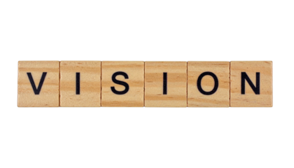 Wooden blocks spell the word "VISION" in bold letters, emphasizing clarity and focus.