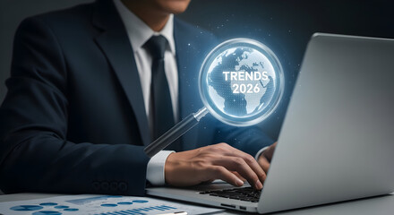 A professional individual, meticulously dressed in a suit, engrossed in their computer, with a futuristic globe illustration overlaying their actions, symbolizing global connection and technology.