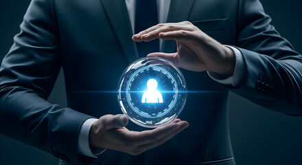 Person in a suit holding a glowing sphere with a person icon inside, representing security, technology, and innovative concepts.