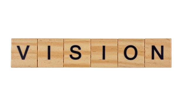 Wooden blocks spell the word "VISION" in bold letters, emphasizing clarity and focus.