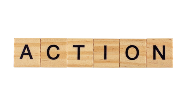 The image features wooden letter tiles arranged to spell the word "ACTION".