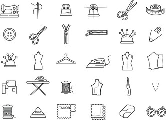Collection of sewing and tailoring tools icons including sewing machine, needle, thread, scissors, thimble, zipper, mannequin, fabric, chalk, hanger, pin cushion, iron, measuring tape