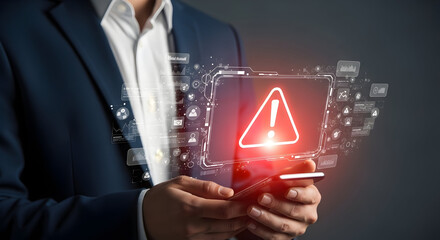 Person holding glowing screen with digital hazard symbol, representing warnings, alerts, and cybersecurity concerns in modern digital communication and information technology.