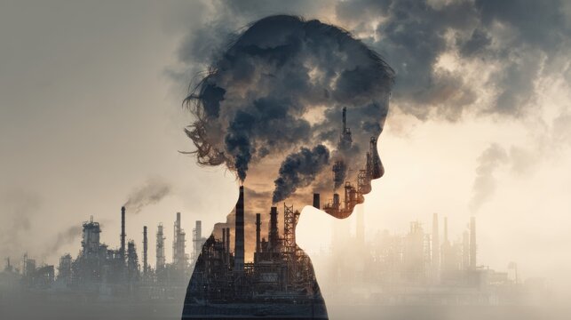 A girl's face is shown in a painting of a city with smog. The painting conveys a sense of pollution and the negative effects it has on the environment and people's health