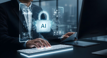An individual at a computer, keyboard, and display, highlighting AI and data security concepts in a modern workplace environment.
