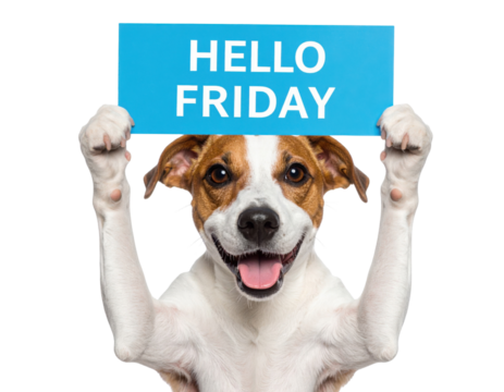 A joyful dog holds up a blue sign that says "HELLO FRIDAY," showcasing excitement and enthusiasm.