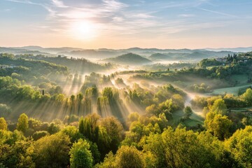 Sunrise over misty hills. Lush green valleys bathed in golden light