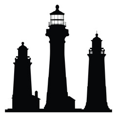 Silhouetted lighthouses of varying heights stand against a crisp white background creating a stark contrast