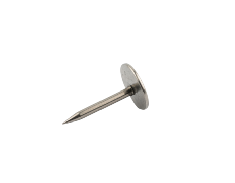 A metallic thumbtack with a round head and sharp point, designed for fastening papers or materials to surfaces.