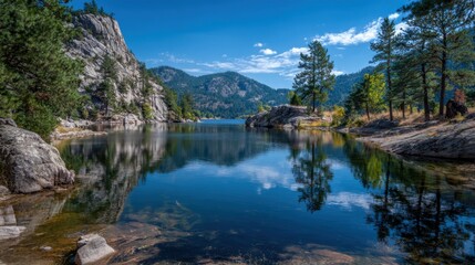 A beautiful lake surrounded by mountains. The water is calm and clear, reflecting the trees and sky. The scene is peaceful and serene, making it a perfect place to relax and enjoy nature