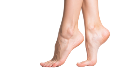 A pair of elegant feet in a graceful pose, showcasing features like arches and smooth skin.