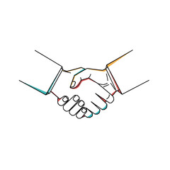 Fototapeta premium Minimalist line art illustration of a handshake with subtle colorful accents. PNG Transparent