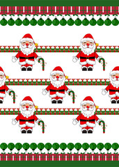Christmas seamless pattern with Santa Claus, candy canes, gift boxes, and green ornaments on festive white background