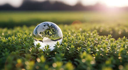 Close-up view of a glass orb reflecting the surrounding greenery, creating a unique and artistic composition with natural light and textures.
