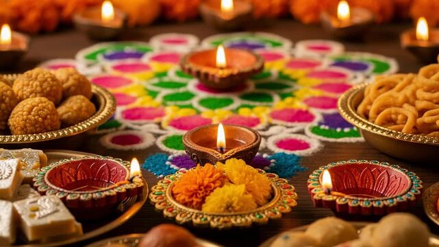 Diwali festival celebration with lit diya lamps, colorful rangoli, and traditional Indian sweets and snacks.
