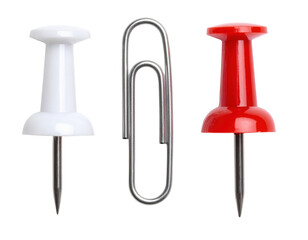 A collection of office supplies featuring a white pushpin, red pushpin, and a silver paperclip.