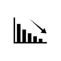 A black and white illustration of a bar graph showing a downward trend, with an arrow emphasizing the decline.