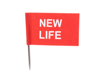 A small red flag with the phrase "NEW LIFE" printed in white letters.