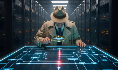 A person, deep in thought, studies a futuristic illuminated interface in a darkened server room, a technological environment.