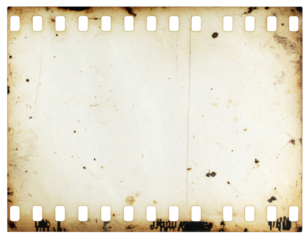 A vintage film strip with a textured, aged appearance, featuring perforations along the edges and signs of wear.