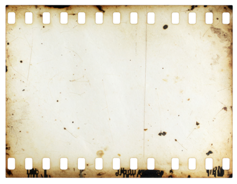 A vintage film strip with a textured, aged appearance, featuring perforations along the edges and signs of wear.
