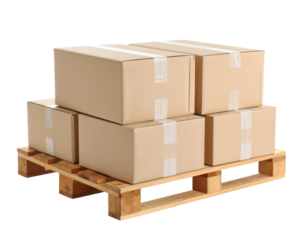 A stack of cardboard boxes secured on a wooden pallet, ready for shipping or storage.