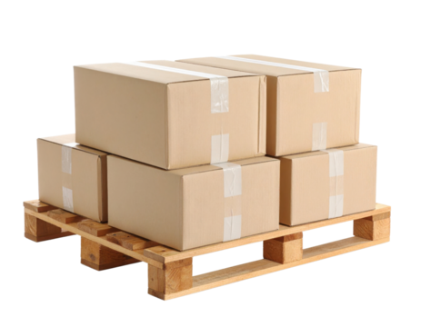 A stack of cardboard boxes secured on a wooden pallet, ready for shipping or storage.