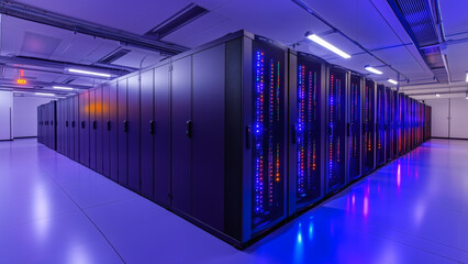 Fototapeta premium High-tech data center with endless rows of servers glowing in cool blue light. 