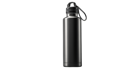 Sleek Dark Metallic Water Bottle with Black Cap and Carry Loop Standing Upright.
