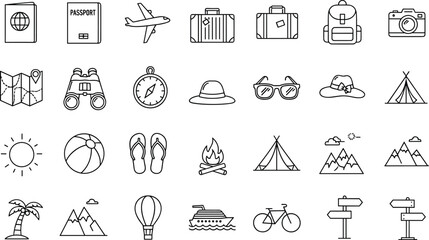 Travel and vacation icons collection with passport, airplane, luggage, backpack, camera, map, compass, sunglasses, tent, mountains, cruise ship, bicycle